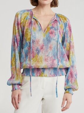 NWT Ramy Brook Shimmery Hawkins Watercolor Metallic Floral Blouse Size XS